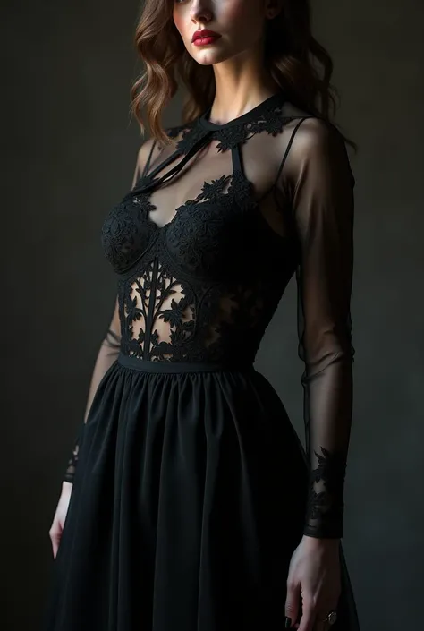 black dress with see through top which is dominated by black flowers