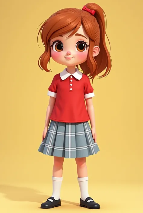 Girl in school uniform Red polo shirt White collar and white sleeve edging with White knee length skirt White skirt with Blue stripes and grey checks with white White stockings Black shoes 70s cartoon