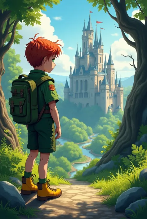 Young boy, reddish hair,green scout clothes, green backpack, yellow shoes, green eyes, no background, looking over a beautiful ominous castle magical land facing back, less realistic, less shading, more detailed shoes,more 2d,
