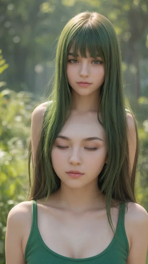 a girl. european. lewd expression. extremely detailed face. oval face. delicate features. half-closed eyes. green eyes. long, straight, very thick hair. bangs. green hair. tank top. standing straight with body facing forward, eyes looking straight ahead. 2...