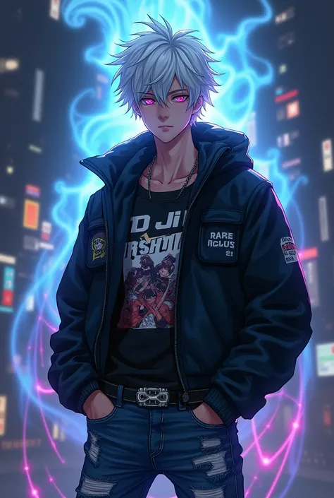 Teenage man with white hair and black open jacket,and with a stylish misfit belt with the dj marshmallow print on his shirt and anime style jeans with a spirit glowing in yellow and blue energy the spirit of the beast raiju ANIME STYLE with the soul of a G...