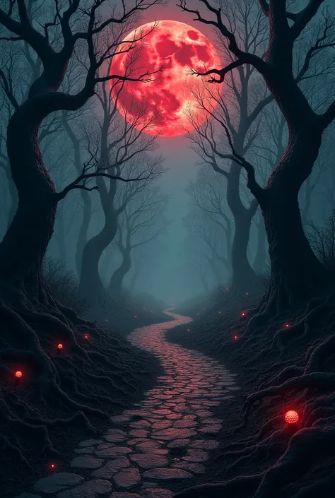 Horror path forest with red moon 
