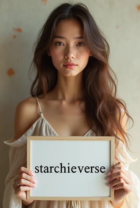 Beautiful girl with wavy long hair, bohemian dress, holding a white board with text "STARCHICVERSE" and showing it to the viewer