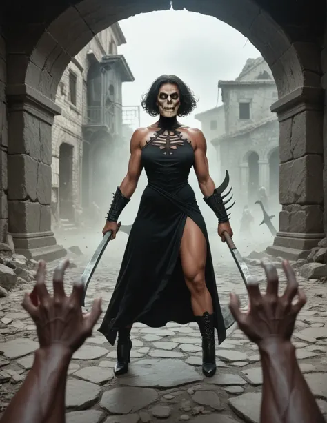 female with marble face, skull arms, dark skin, ((stone golem woman)), strong body, Mature, mature face, 35 years, short black hair, hands holding axe craved with skulls Black flame flows around it, in fighting posture, crazy face, large Blade of darkness,...