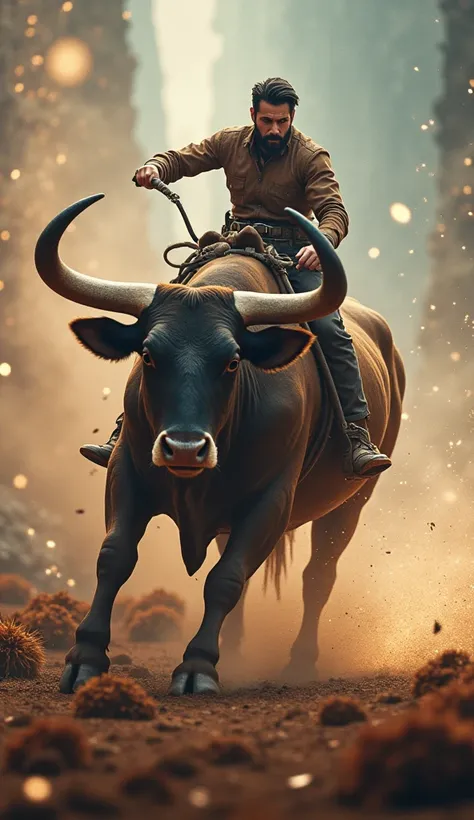 Create a bull riding scene, bull jumping,man sitting on him, fantasy background, Sparkle, Depth Of Field, UHD, Speed Lines, 