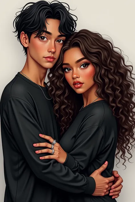 make a white boy with black wavy hair with slanted eyes, thin, wearing a black sweatshirt and with a silver ring on each hand with a white brunette girl with brown curly hair and blonde highlights, fat, wearing a black sweatshirt and with round eyes and th...