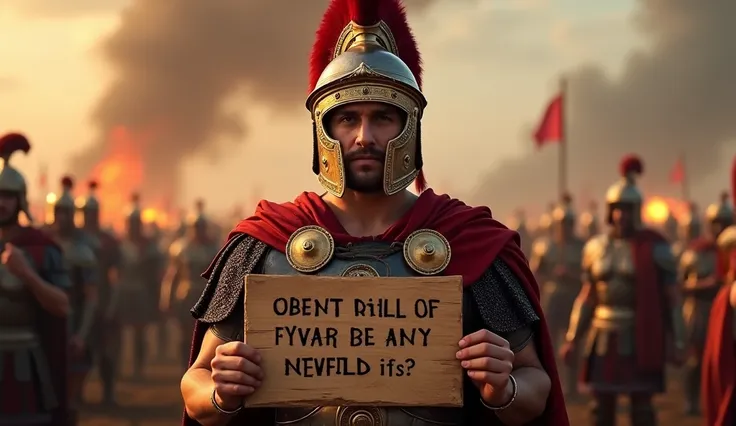 a roman soldier,wearing a red galea, holding a wooden board stating the words in English language "what would have happened if the roman empire never collapsed", battle in background, dramatic lighting, cinematic composition, hyper detailed, photorealistic...