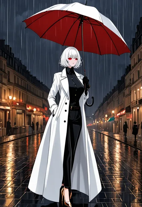 A tall woman, pale, short white hair with black highlights, red eyes, Big breasts, defined, long red nails, arms covered with a long black glove,dressed in a white overcoat with black details,gold high heels with red details, black pants,holding an open um...