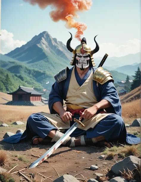 An aged Japanese samurai in traditional armor and helmet,sitting on top of a mountain of corpses on the battlefield of Sekigahara. He is a middle-aged man with a rugged,weathered appearance. He is smoking a rolled cigarette,with smoke rising from his mouth...