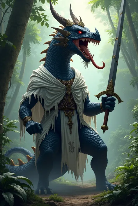 Black dragon, white and blue clothes, with tears all over the clothes, red eyes, sharp teeth, long sharp tongue, very big body, holding a long sword in both hands, the atmosphere is in the jungle.