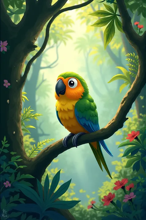 Create a Studio Ghibli-style illustration of a Brotogeris jugularis parrot. The parrot must be perched in a colorful rainforest, surrounded by lush vegetation. The scene must convey a magical and serene atmosphere, with soft lights filtering through the le...