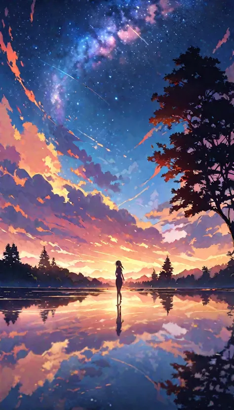 （（Best Quality））， （（masterpiece））， （（Ultra Wide Angle）），evening，（In the distance, a nude woman stands on a salt lake），（The water surface is like a mirror，Reflecting the sky。Look at the sky，The Milky Way is in the sky,Beautiful tree-lined street、Wonderful W...