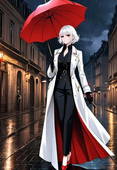 A tall woman, pale, short white hair with black highlights, red eyes, Big breasts, defined, long red nails, arms covered with a long black glove,dressed in a white overcoat with black details,gold high heels with red details, black pants,holding an open um...