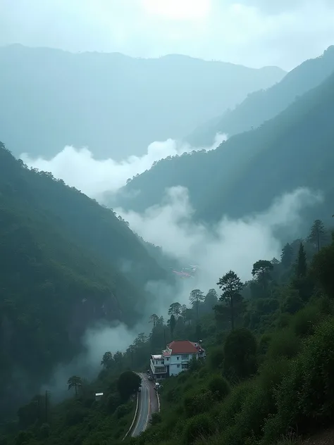 A stunning vista of Mussoorie shrouded in dense fog and light rain, showcasing the iconic Mall Road winding through the hills. Camera Settings: Aperture f/4, Shutter Speed 1/125s, ISO 400, Manual Focus on a distant landmark, 4k, hyper leality.