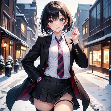 (Best Quality),One high school girl,Very smiling、Small breasts、Short black hair、Long coat、blazer、Normal necktie、Checkered black mall ribbon、Beautiful thighs、Snowy town background,(Very detailed),(Perfect anatomy)