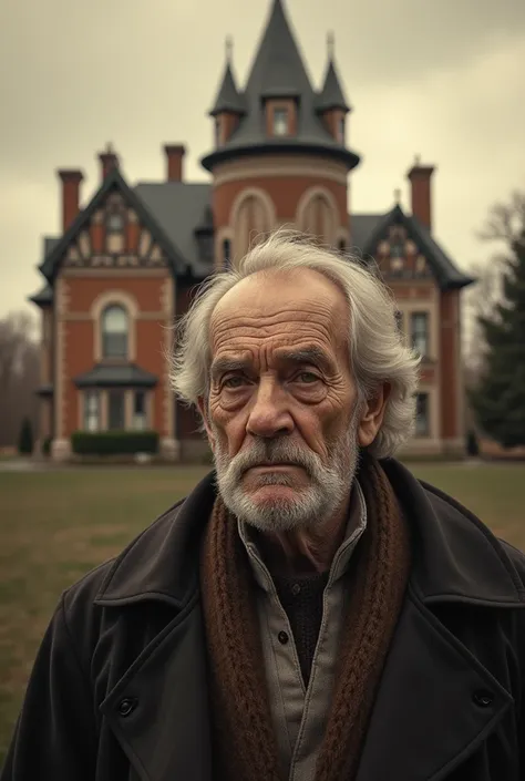 An old man. An old realistic photo. A mansion in the background