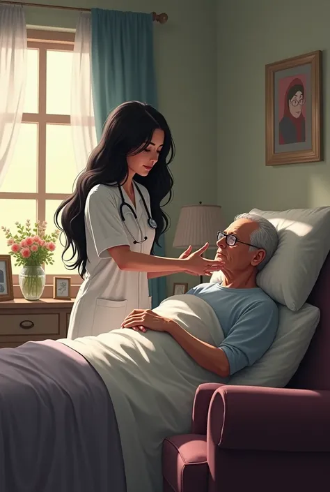 A hospice nurse named Ashley gomez that has black long hair taking care of the stubborn old lady