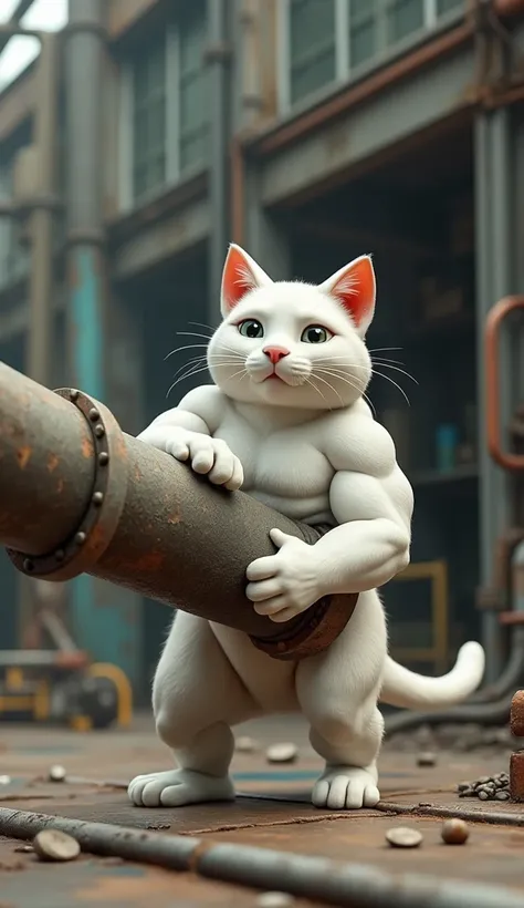 kucing putih berotot bekerja mengangkat pipa, factory building background, gaya claymation 3D.