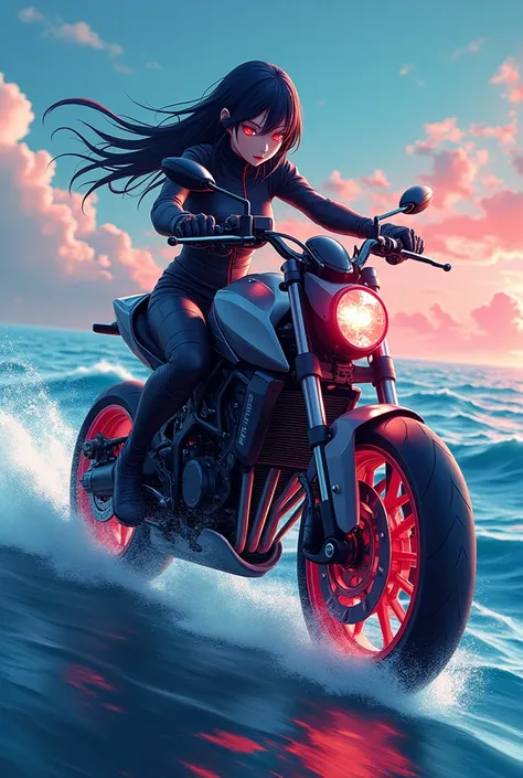 anime girl with glowing red eyes riding a streetfighter type motorcycle  in an sea load background