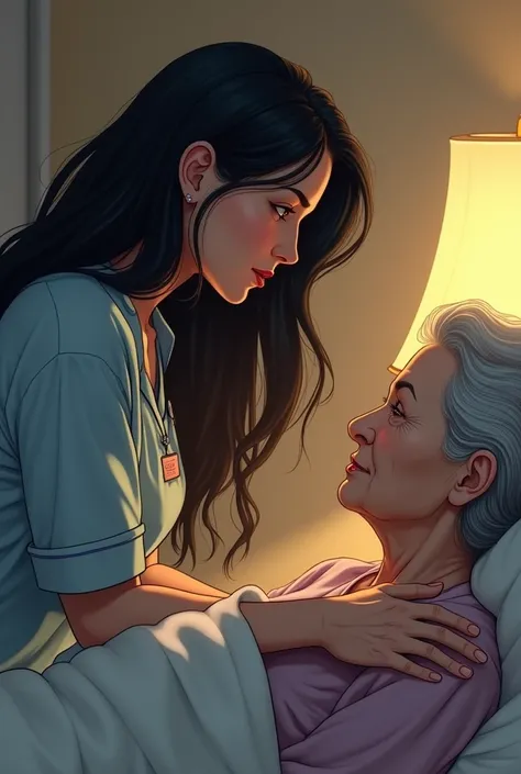 A hospice nurse named Ashley gomez that has black long hair taking care of the stubborn old woman