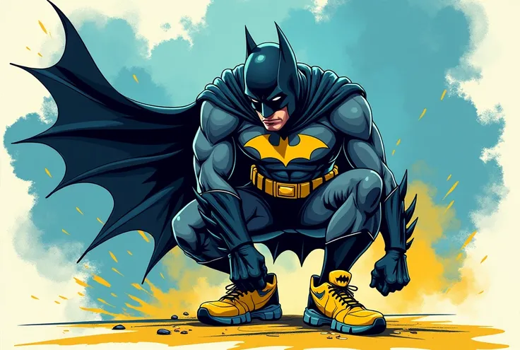 A stylized illustration of Batman in a dynamic action pose, crouched on one knee. Batman is depicted in his iconic bat suit, complete with a flowing cape, gloves, and a cowl with pointed ears. Adding a modern twist, he is wearing bright yellow sneakers ado...