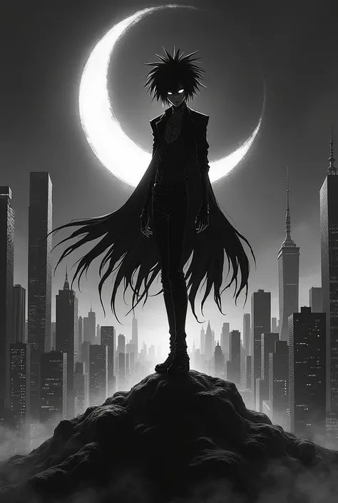 Black and white background small ryuk in the city above the building with a moon behind him