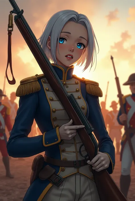 anime character roxy migurdia in napoleonic wars french soldier realistic uniform with musket at battle