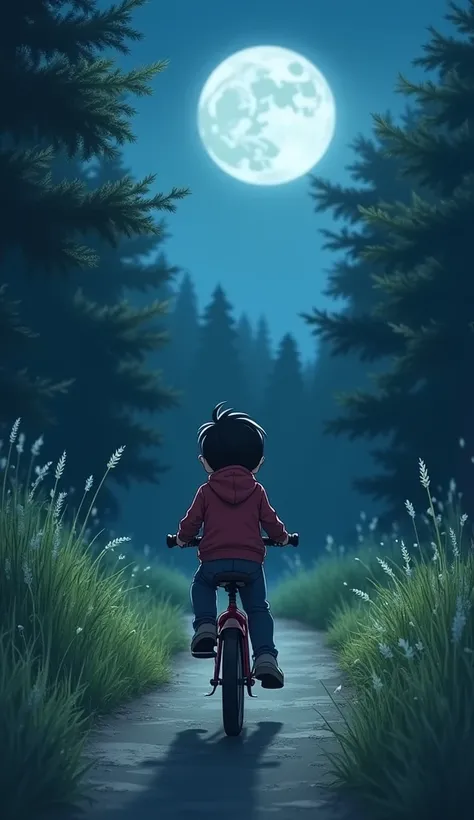 "Sheru on a cycle"

Sheru is sitting on his small bicycle, which fits him. He is going towards the forest near the village on a moonlit night. His face is excited and a little scared too, while dense trees are visible behind him.