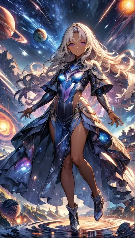 Adult transgender women; With a galaxy armor and tunic merging with planets, Purple eyes; showing the whole body; brown skin color; incandescent platinum long hair;  High quality. 4k, many details. High quality. 4k, many details. Distant view. Makeup. Mast...