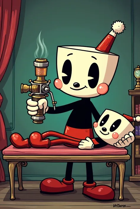 Create a Cuphead-style character holding a tattoo machine, from beside, a stretcher with a character attached ready to be tattooed