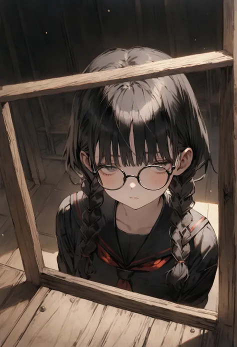 work of art, japanese black seifuku, two braids, black hair empty classroom, dim, black pupils, staring up blankly, half closed eyes, bored, poker face, wearing thick framed eyeglasses, standing up straight
