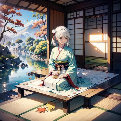 (masterpiece), high quality, kimono, graceful, peaceful, autumn colors, falling leaves, traditional Japanese building, solo, passionate colors, beautiful white-haired girl, sitting on tatami