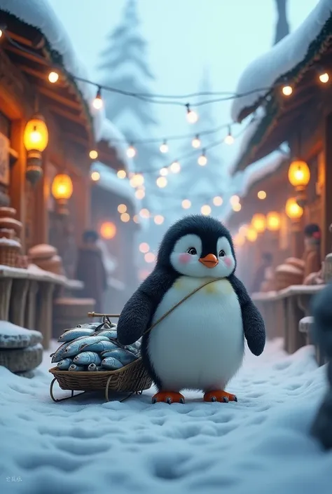 A plump penguin waddles through an Arctic Inuit market, bundled in a tiny fur coat with mittens tied around its neck. The penguin, with an ice sled full of fish, looks confused as it passes by stalls selling whale oil lamps and hand-carved wooden figurines...