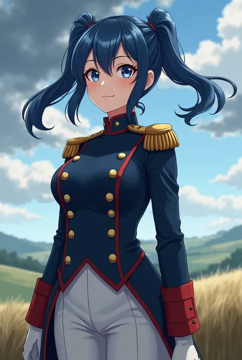 anime character roxy migurdia (blue hair, pigtails) in napoleonic wars french soldier uniform