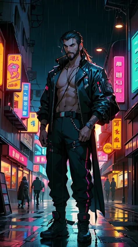 High resolution、masterpiece、Textured skin、high quality、Ultra high definition、Very detailed、male、4、、Long hair tied up、beard、Hard-boiled、Cyberpunk、Standing in a futuristic neon town, smoking a cigarette、Tall、Street Fashion、night、rain、solo, 