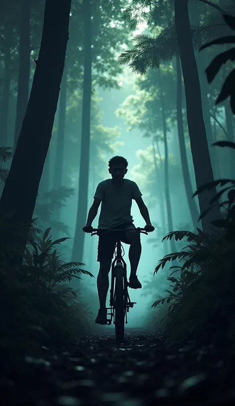 "Entering the Jungle:"

Sheru is riding a bicycle and entering the forest. Long shadows of the trees and dense darkness are visible. Sheru looks a little nervous, but he is moving forward.