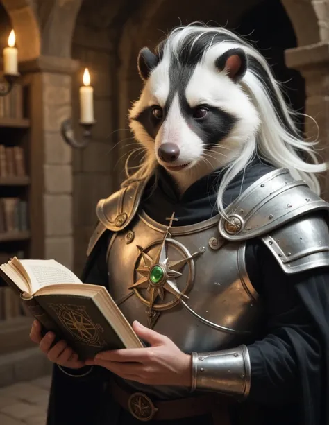 Hand drawn storybook illustration of a black mouseguard skunk a white stripe with long hair, he is a warlock conjuring dark magic, he is wearing leather armor under ancient robes, in one hand he is holding the evil book the Necronomicon, with his other han...