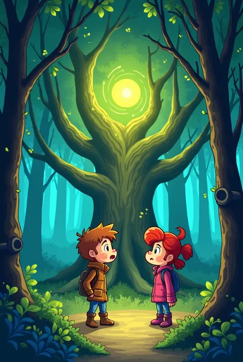 make a cartoon picture portraying this scene(same people):
In the heart of the forest, they find an ancient tree where the gem supposedly lies. However, the forest’s whispers grow louder, echoing their insecurities: "You’re not brave enough, Leo. You’re to...