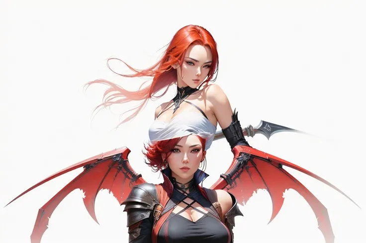 there is a mature woman (over 30 years old) with red hair in a ragged cloth outfit posing for a holding a reaper scythe, skeletal wings, female reaper, female death, extremely detailed artgerm, ig model | artgerm, style artgerm, artgerm. high detail, in th...