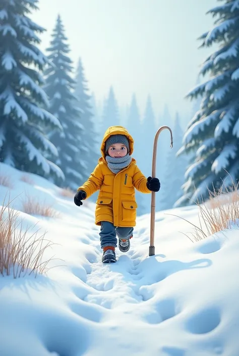 a boy wearing yellow jacket in snow area with snow stick 