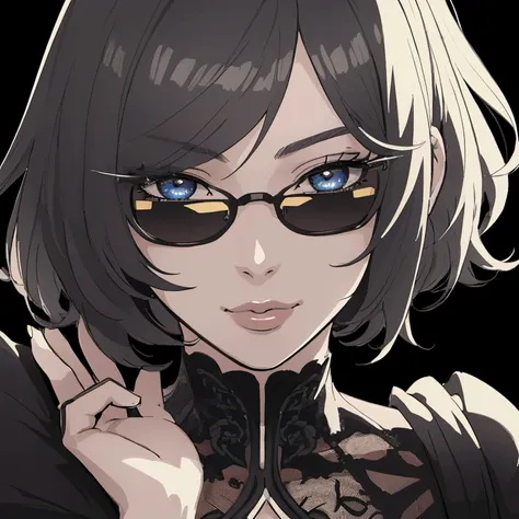 a short-haired anime girl, black suit, sunglasses, slight smile, intricate detailed face, beautiful detailed eyes, beautiful detailed lips, extremely detailed eyes and face, long eyelashes, intricate detailed shading, dramatic lighting, cinematic compositi...