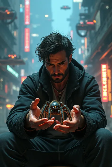 A man sitting in cyberpunk city with holding spiders in his hand 

