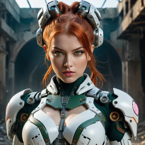 Full frontal view of a girl advancing towards the viewer determined. She is wearing an advanced mechanized combat bio suite. Her combat bio suite is white and grey. Highly detailed high tech cyborg. A beautiful woman with orange-red hair tied in two buns o...