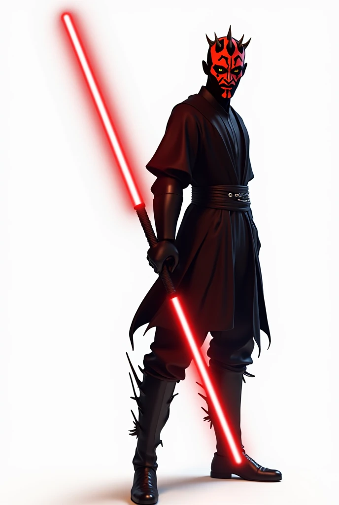 Darth Maul stands in the forest of Endor, glaring at the viewer with a single glowing red double-bladed lightsaber in his right hand. The landscape is a maze of twisted roots, jagged rocks and eerie glows. Every detail is painstakingly rendered, from the g...