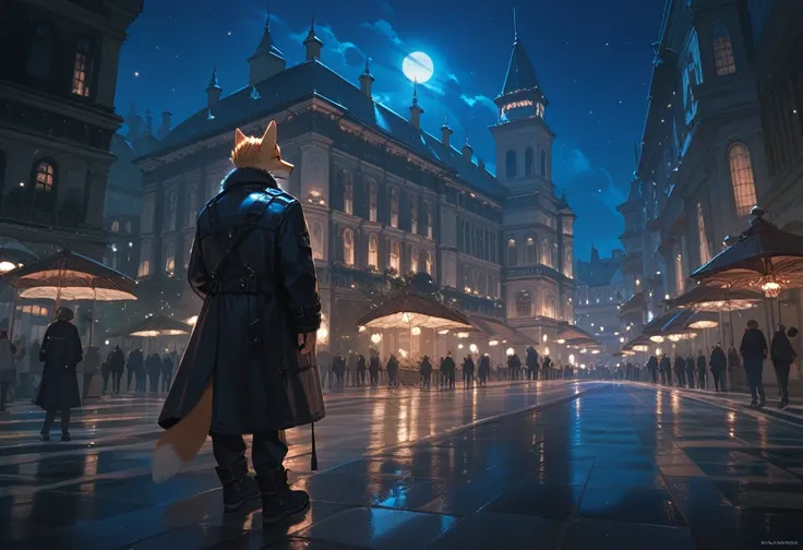 Highest quality, High quality illustrations, masterpiece, Ultra-high resolution, Detailed Background, night, Absurd, Perfect Anatomy, Good lighting, Shadows in the movies(, Furry), An anthropomorphic fox boy in a black long coat