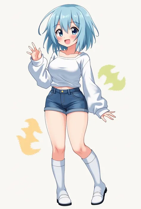 One girl, Bob Hair, Large Breasts, Thighs,Knee-high socks,Shorts,vtuber,whole body,Light blue hair,Long sleeve T-shirt,Blushing, Simple Background, anime, 