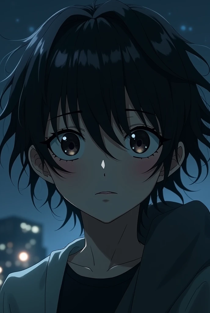 Anime image with a hair boy with a black night background 