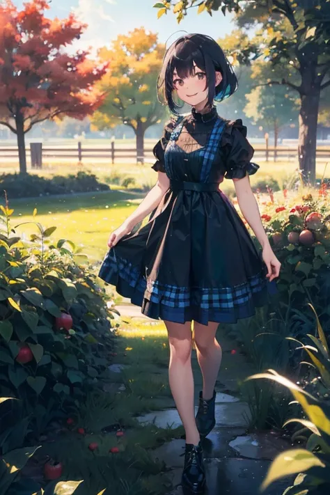 a 16 yo woman、Black blue Hair、Twin-tailed、Big smile、Blue gingham check dress、full body Esbian、(hi-top fade:1.3)、dark themed、Muted Tones、Subdued Color、highly contrast、Green meadow background、Have autumn fruits、apple、(natural skin textures、Hyper-Realism、Soft...