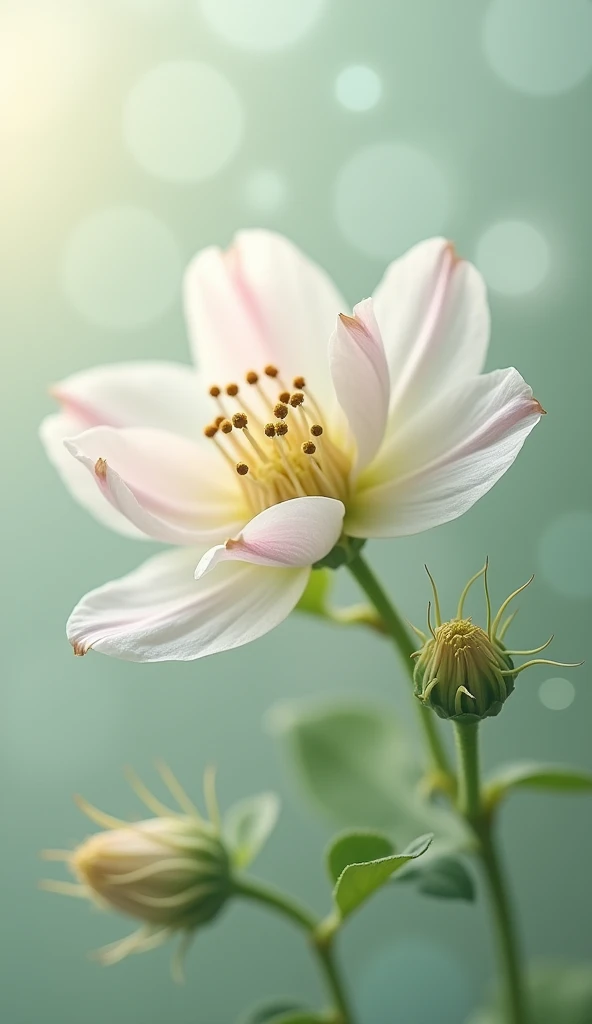 Beautiful Australian wintersweet macro photography.Light background.More dreamy and ethereal atmosphere.Cover the screen.More obvious gradation.Bokeh effect.Change to white, pink and green.Green soft，foggy white，water purification，Flower，White Space，Render...