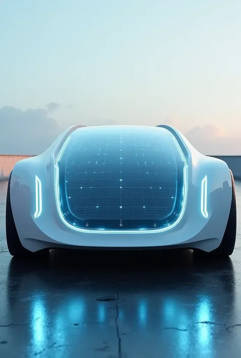 A car having full transparent screen on the front portion and blue straight lined lights and solar panels on the back portion and straight shaped car with no doors ,the screen extends to tyres
